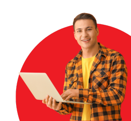 man with laptop red background